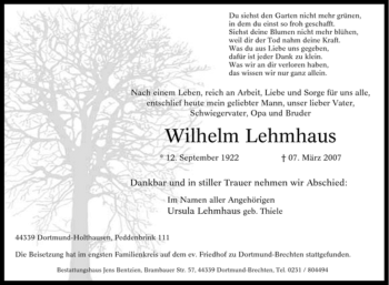 Traueranzeige von Wilhelm Lehmhaus von Tageszeitung