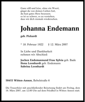 Traueranzeige von Johanna Endemann von Tageszeitung