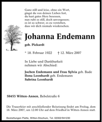 Traueranzeige von Johanna Endemann von Tageszeitung