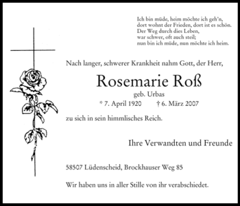 Traueranzeige von Rosemarie Roß von Tageszeitung