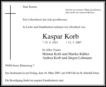 Traueranzeige von Kaspar Korb von Tageszeitung