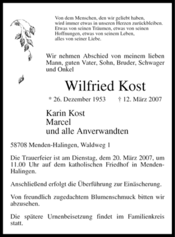 Traueranzeige von Wilfried Kost von Tageszeitung