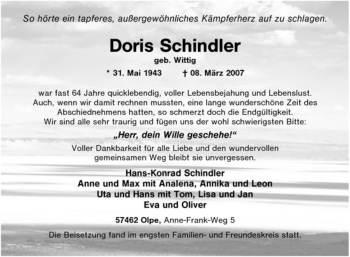 Traueranzeige von Doris Schindler von Tageszeitung