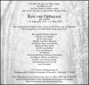 Traueranzeige von Resi van Ophuysen von Tageszeitung