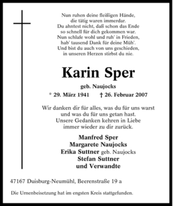 Traueranzeige von Karin Sper von Tageszeitung