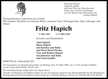 Traueranzeige von Fritz Hapich von Tageszeitung