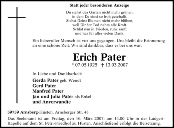 Traueranzeige von Erich Pater von Tageszeitung