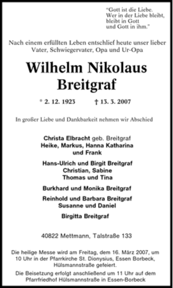 Traueranzeige von Wilhelm Nikolaus Breitgraf von Tageszeitung