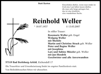 Traueranzeige von Reinhold Weller von Tageszeitung