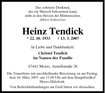 Traueranzeige von Heinz Tendick von Tageszeitung