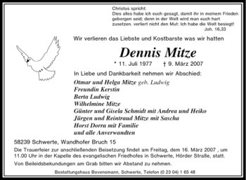 Traueranzeige von Dennis Mitze von Tageszeitung