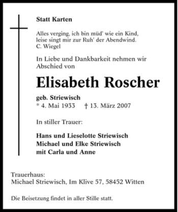 Traueranzeige von Elisabeth Roscher von Tageszeitung