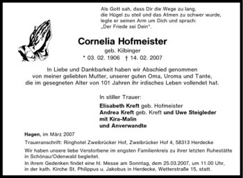 Traueranzeige von Cornelia Hofmeister von Tageszeitung