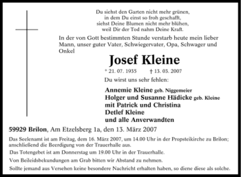 Traueranzeige von Josef Kleine von Tageszeitung