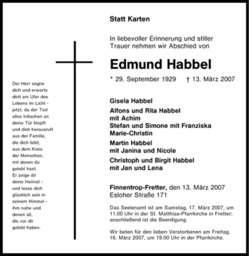 Traueranzeige von Edmund Habbel von Tageszeitung