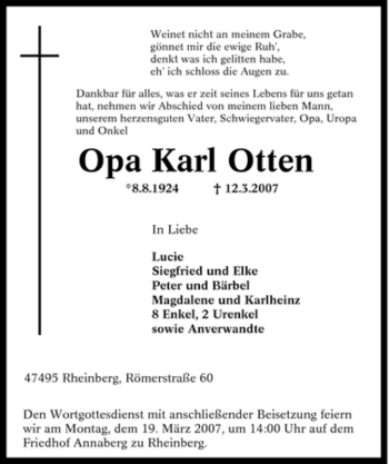 Traueranzeige von Karl Otten von Tageszeitung