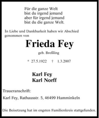 Traueranzeige von Frieda Fey von Tageszeitung