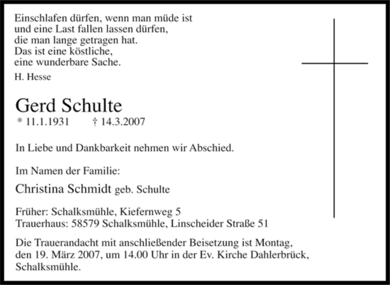 Traueranzeige für Gerd Schulte vom 15.03.2007 aus Tageszeitung