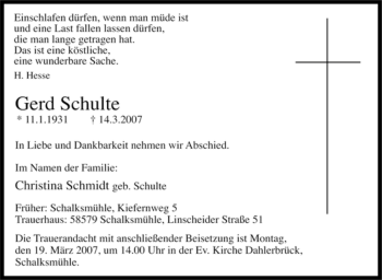 Traueranzeige von Gerd Schulte von Tageszeitung