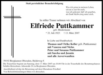 Traueranzeige von Elfriede Puttkammer von Tageszeitung