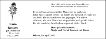 Traueranzeige von Karin Rostock von Tageszeitung