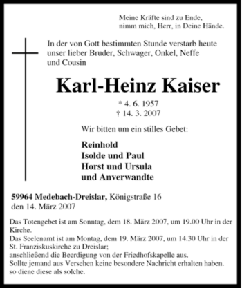 Traueranzeige von Karl-Heinz Kaiser von Tageszeitung