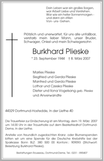 Traueranzeige von Burkhard Plieske von Tageszeitung