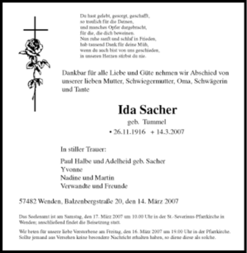 Traueranzeige von Ida Sacher von Tageszeitung
