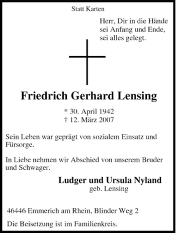 Traueranzeige von Friedrich Gerhard Lensing von Tageszeitung