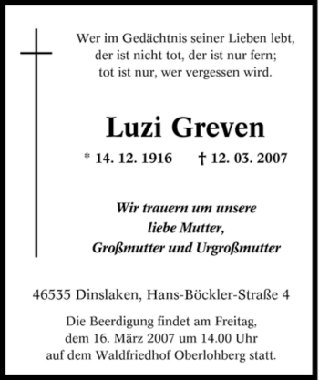 Traueranzeige von Luzi Greven von Tageszeitung