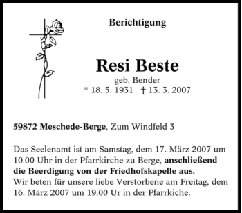Traueranzeige von Resi Beste von Tageszeitung