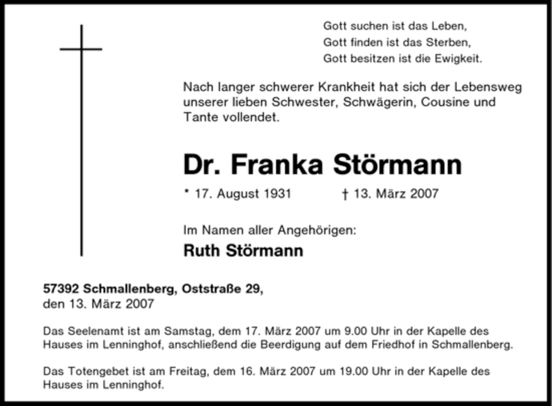 Traueranzeige für Franka Störmann vom 16.03.2007 aus Tageszeitung