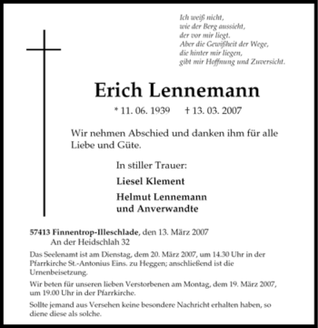 Traueranzeige von Erich Lennemann von Tageszeitung