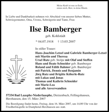 Traueranzeige von Ilse Bamberger von Tageszeitung