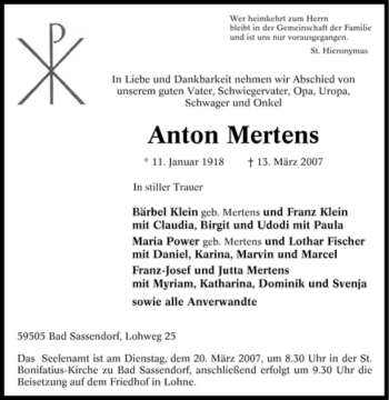 Traueranzeige von Anton Mertens von Tageszeitung