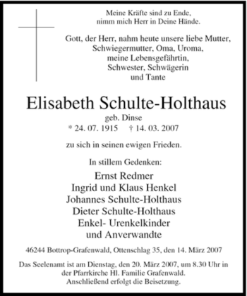 Traueranzeige von Elisabeth Schulte-Holthaus von Tageszeitung