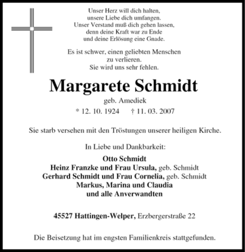  Traueranzeige für Margarete Schmidt vom 16.03.2007 aus Tageszeitung