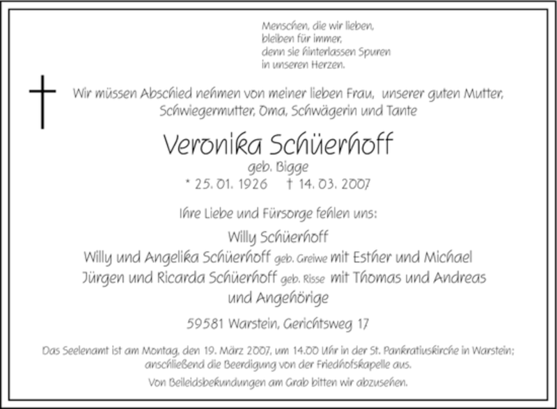  Traueranzeige für Veronika SChüerhoff vom 16.03.2007 aus Tageszeitung
