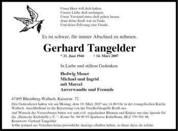 Traueranzeige von Gerhard Tangelder von Tageszeitung