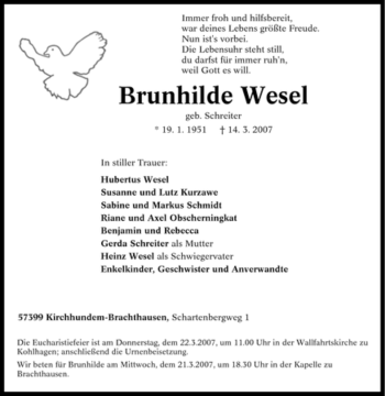 Traueranzeige von Brunhilde Wesel von Tageszeitung