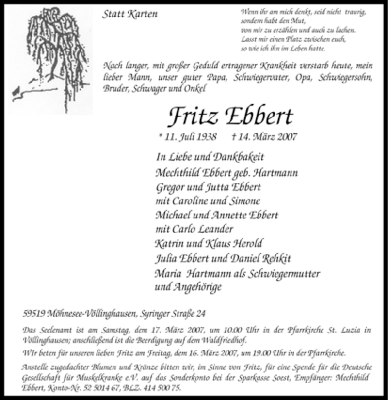  Traueranzeige für Fritz Ebbert vom 16.03.2007 aus Tageszeitung