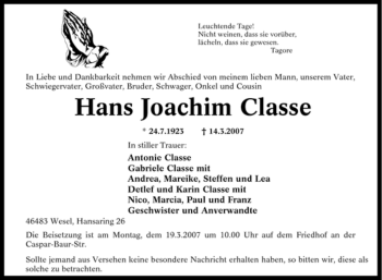 Traueranzeige von Hans Joachim Classe von Tageszeitung