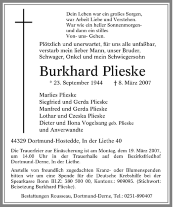 Traueranzeige von Burkhard Plieske von Tageszeitung