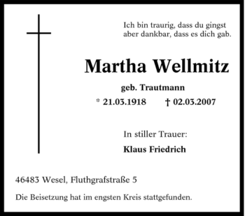Traueranzeige von Martha Wellmitz von Tageszeitung