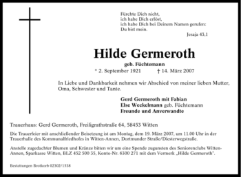 Traueranzeige von Hilde Germeroth von Tageszeitung
