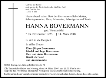 Traueranzeige von Hanna Bovermann von Tageszeitung