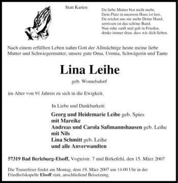 Traueranzeige von Lina Leihe von Tageszeitung