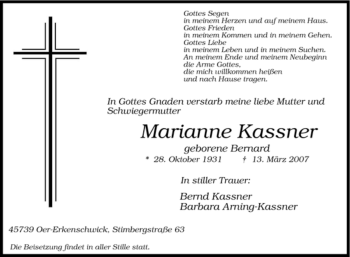 Traueranzeige von Marianne Kassner von Tageszeitung