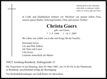 Traueranzeige von Christa Goers von Tageszeitung