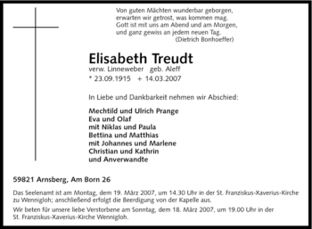 Traueranzeige von Elisabeth Treudt von Tageszeitung